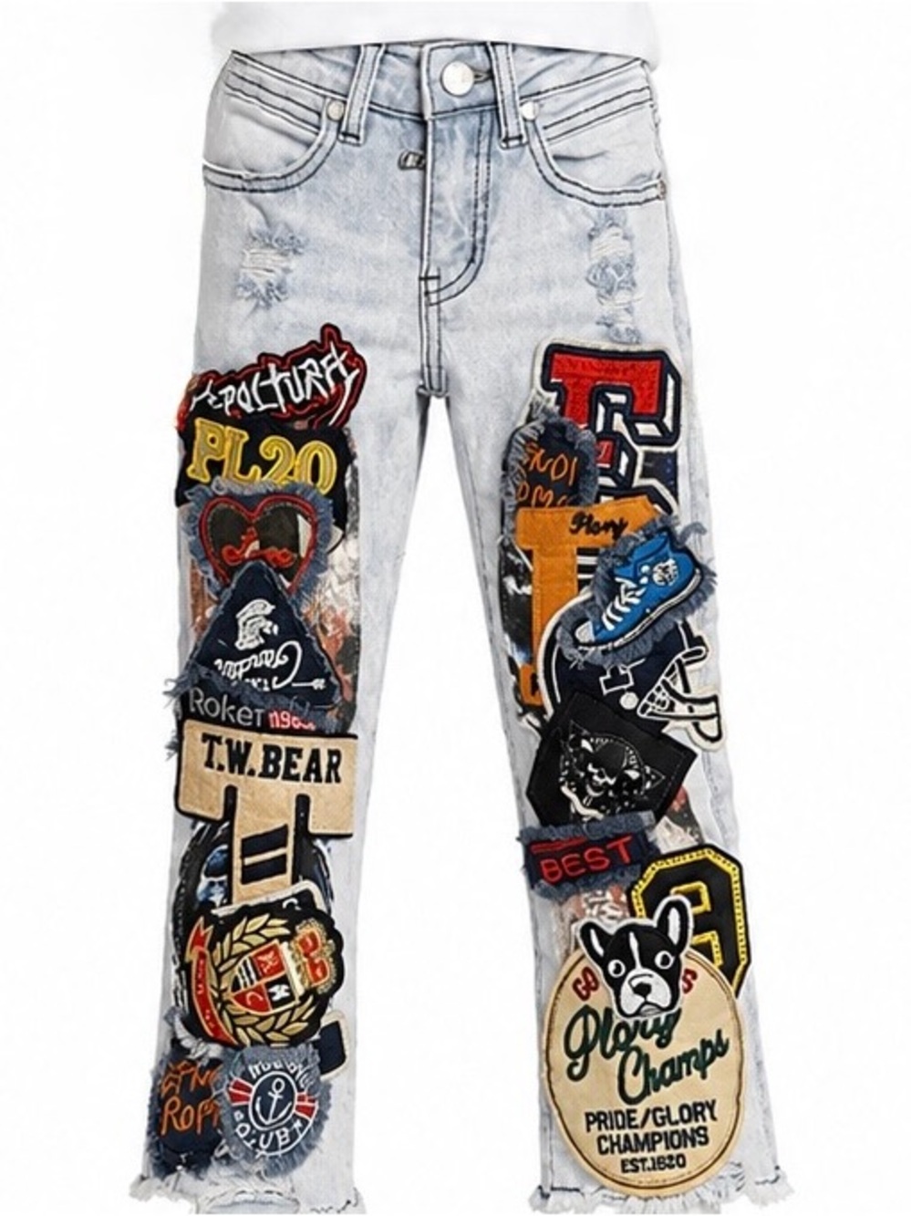 Light Wash Patchwork Graphic Kids' Jeans - Blue